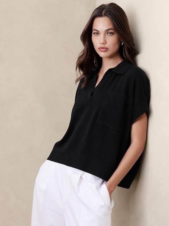 Banana Republic Sweaters - Banana Republic Black Johnny Collar Sweater Cotton-Linen Blend XXS oversized